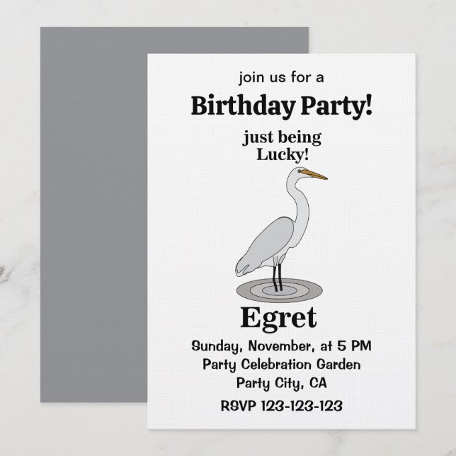 Egret Lucky Bird Birthday Party Invitation (Front/Back)