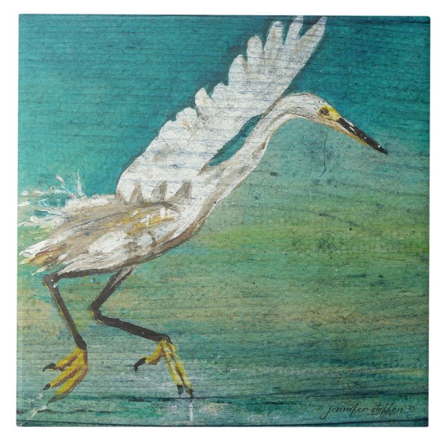 Egret Shorebird Beach House Art Tile (Front)