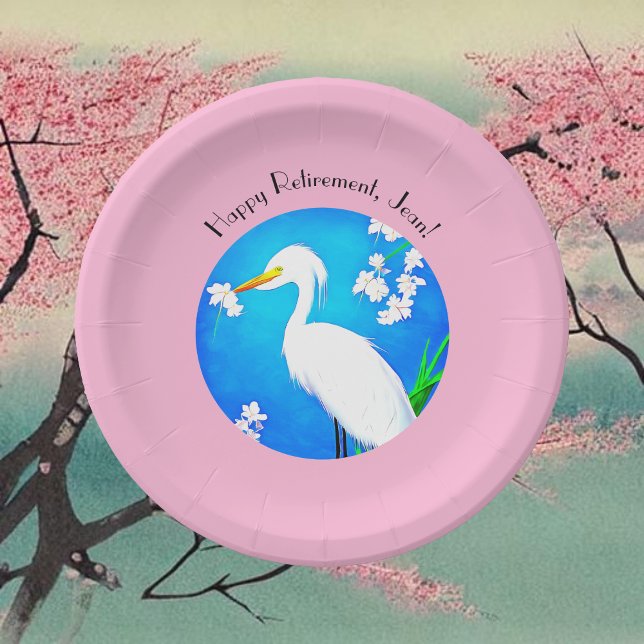 Egret with Sakura Cherry Blossoms and Blue Sky Paper Plate (Creator Uploaded)