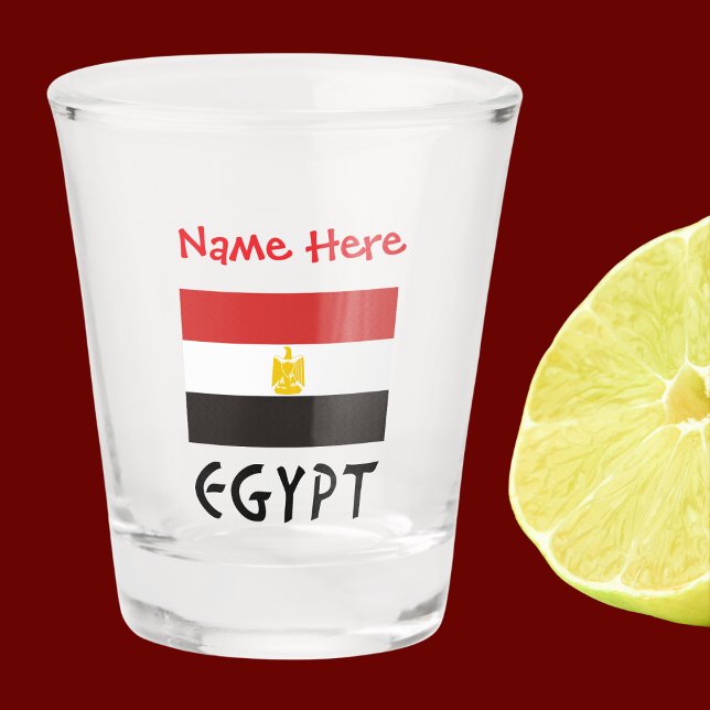 Egypt Egyptian Flag Red Personalised  Shot Glass (Egyptian Flag on shot glass has the word EGYPT below in black letters. Add name above in red letters)