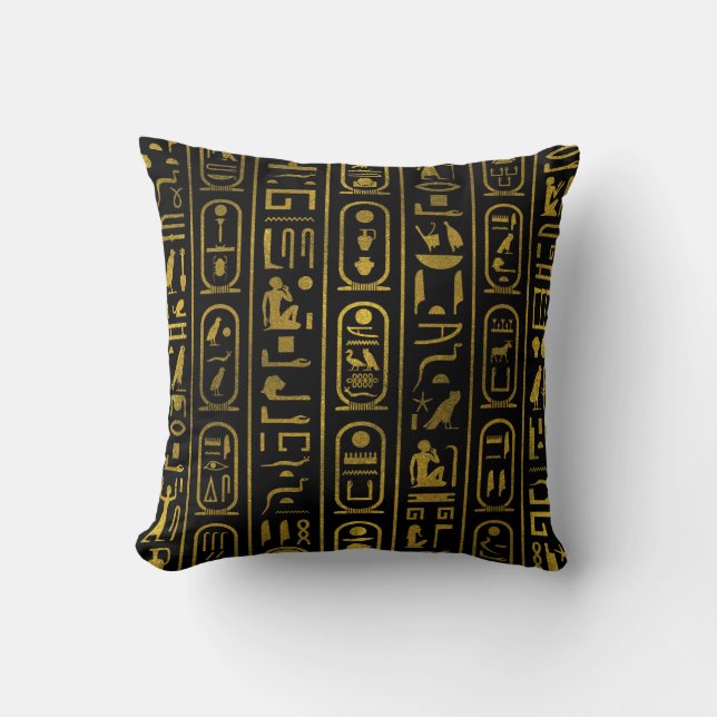 Egyptian Ancient Gold hieroglyphs on black Cushion (Front)
