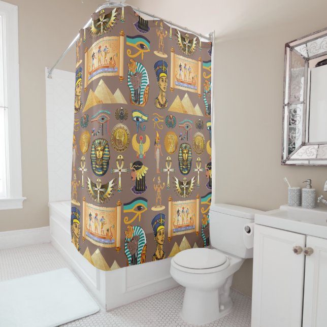 Egyptian Ancient Hieroglyphic Pattern Symbol Shower Curtain (In Situ)
