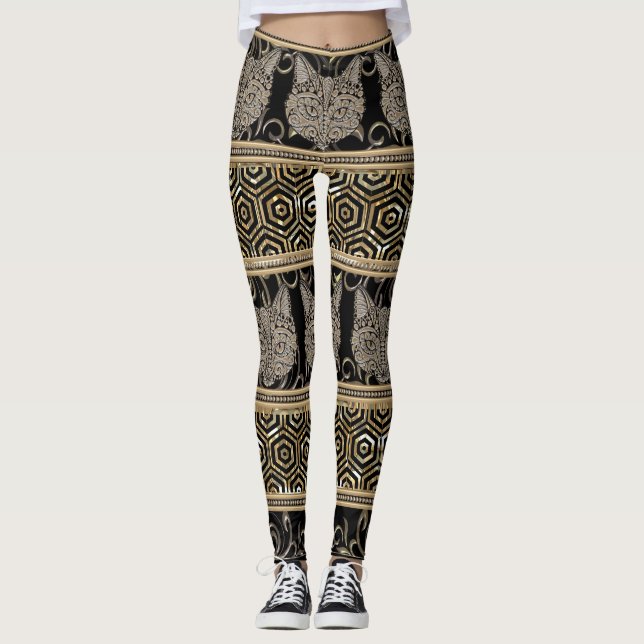 Egyptian Bohemian Tribal Cat & Gold designs Leggings (Front)