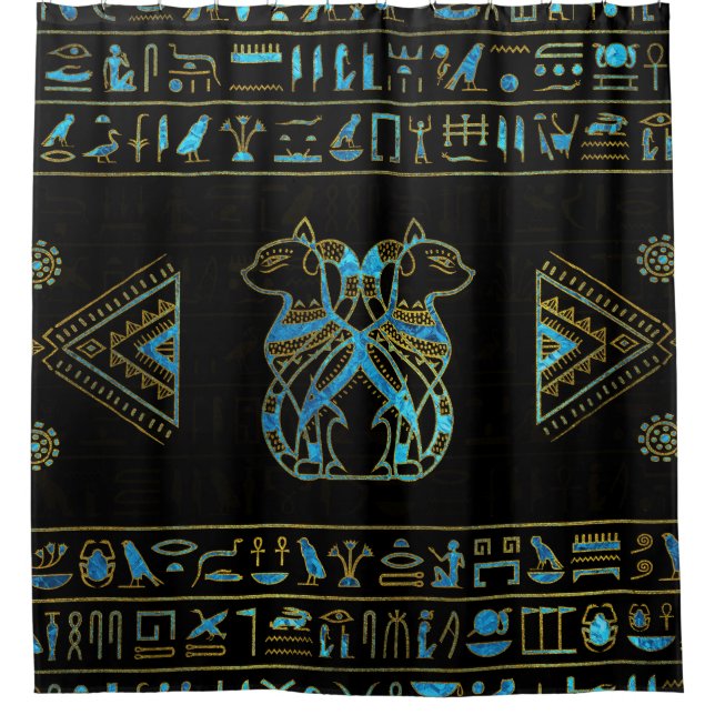 Egyptian Cats Gold and blue stained glass Shower Curtain (Front)
