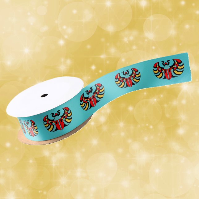 Egyptian Colourful Bold Vibrant Scarab Beetle Satin Ribbon (Bright bold Egyptian scarab beetles in blue red yellow and black on vibrant aqua blue roll of ribbon)