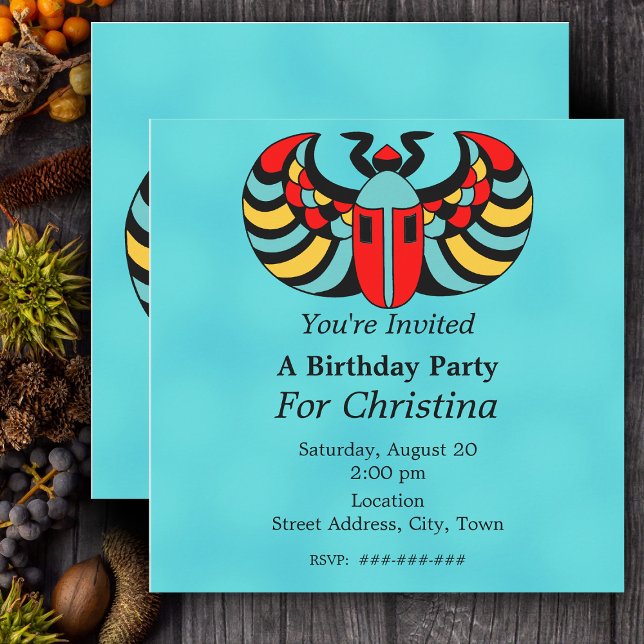 Egyptian Colourful Vibrant Scarab Beetle Birthday Invitation (Brightly coloured Egyptian scarab beetle on vibrant aqua  blue birthday party invitations.)