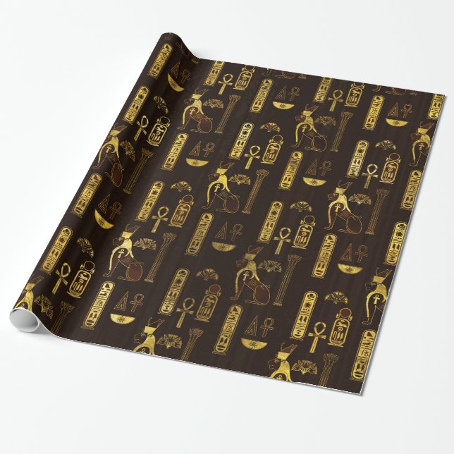 Egyptian Decorative Pattern gold on brown Wrapping Paper (Unrolled)