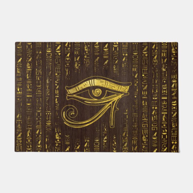 Egyptian Eye of Horus  and hieroglyphics on wood Doormat (Front)
