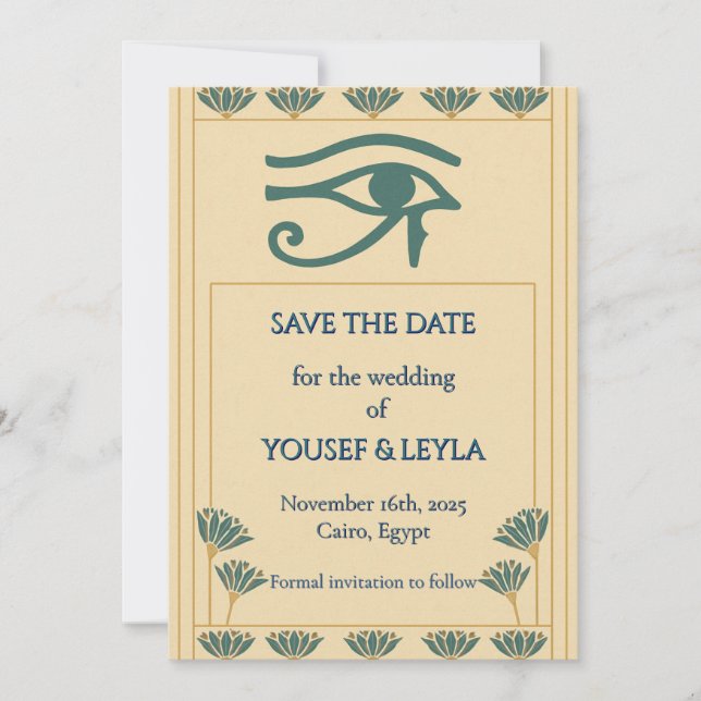 Egyptian Eye of Horus Lotus Gold Save the Date Invitation (Front)
