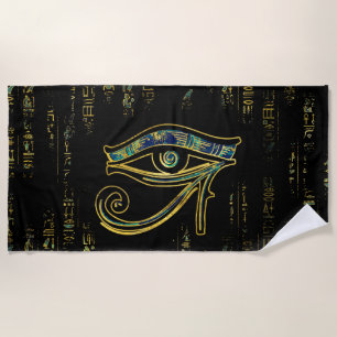 Egyptian Eye of Horus  on hieroglyphics and marble Beach Towel