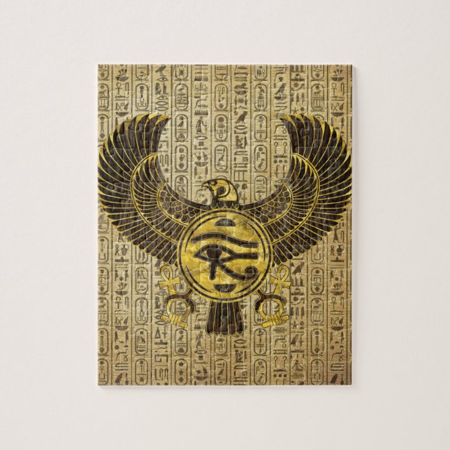 Egyptian Eye of Horus - Wadjet Gold and Wood Jigsaw Puzzle (Vertical)