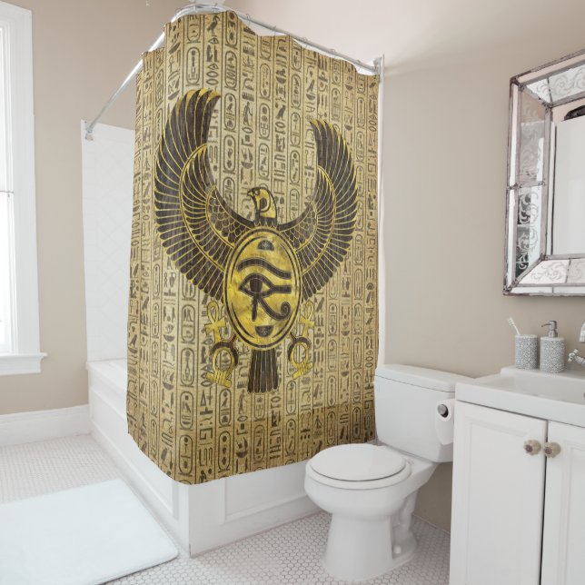 Egyptian Eye of Horus - Wadjet Gold and Wood Shower Curtain (In Situ)