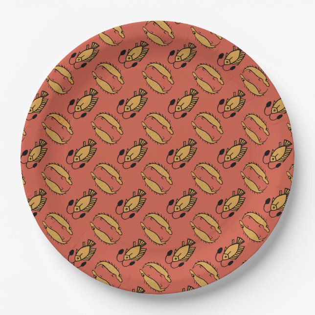 Egyptian Fish and Crocodile on Red Paper Plate (Front)