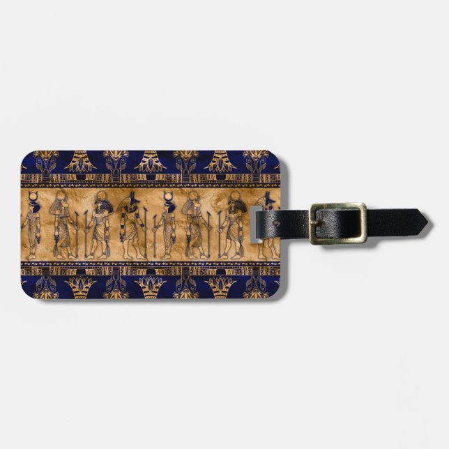 Egyptian Gods and Ornamental border -blue gold Luggage Tag (Front Horizontal)