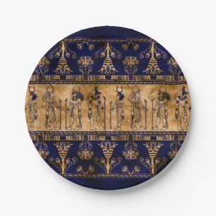 Egyptian Gods and Ornamental border -blue gold Paper Plate