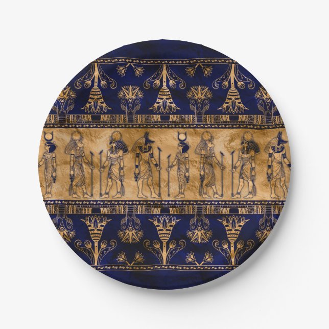 Egyptian Gods and Ornamental border -blue gold Paper Plate (Front)