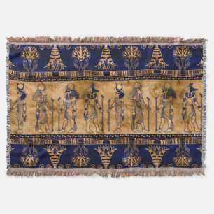 Egyptian Gods and Ornamental border -blue gold Throw Blanket