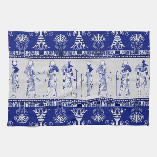 Egyptian Gods and Ornamental border - blue grey Tea Towel (Horizontal)