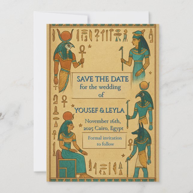 Egyptian Gods Hieroglyph Gold Save the Date (Front)