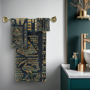 Egyptian hieroglyphs and deities -Abalone and gold Bath Towel Set