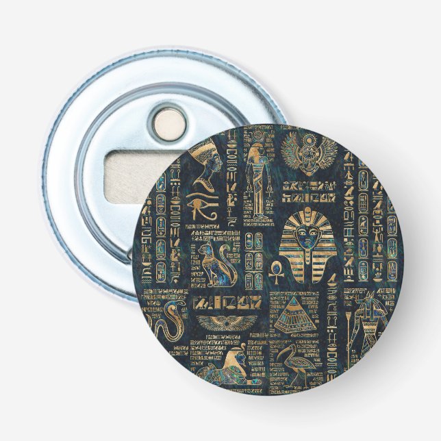Egyptian hieroglyphs and deities -Abalone and gold Bottle Opener (Front)