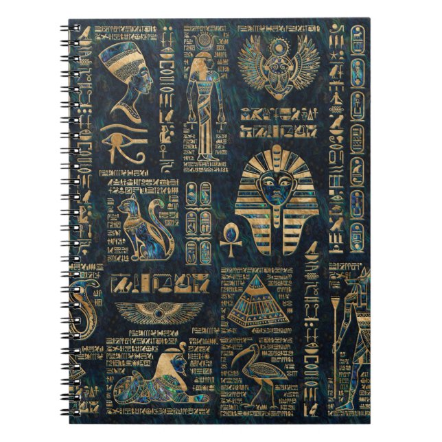 Egyptian hieroglyphs and deities -Abalone and gold Notebook (Front)