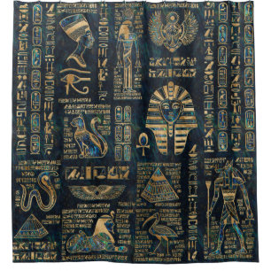 Egyptian hieroglyphs and deities -Abalone and gold Shower Curtain