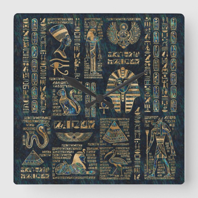 Egyptian hieroglyphs and deities -Abalone and gold Square Wall Clock (Front)