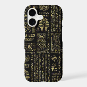 Egyptian hieroglyphs and deities gold on black