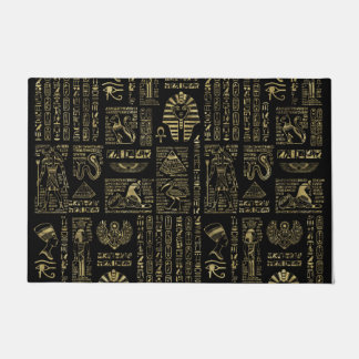 Egyptian hieroglyphs and deities gold on black doormat