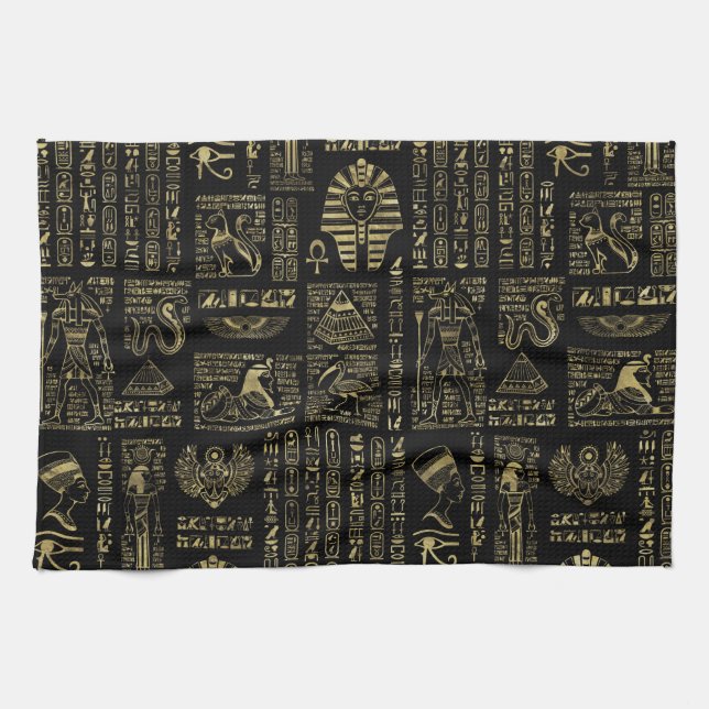Egyptian hieroglyphs and deities gold on black tea towel (Horizontal)