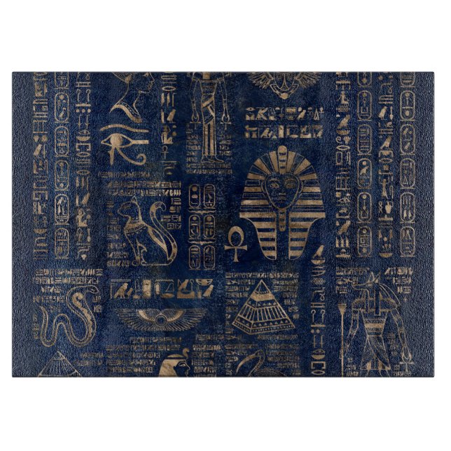 Egyptian hieroglyphs and deities-gold on marble cutting board (Front)