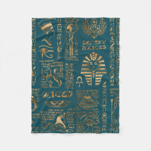 Egyptian hieroglyphs and deities - Gold on teal Fleece Blanket