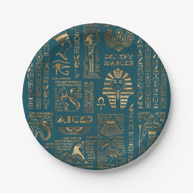 Egyptian hieroglyphs and deities - Gold on teal Paper Plate (Front)