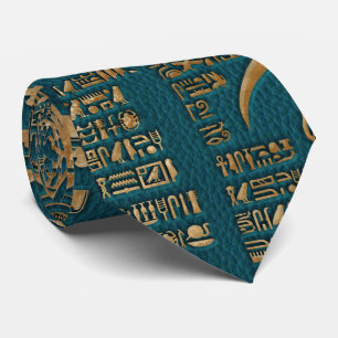 Egyptian hieroglyphs and deities - Gold on teal Tie