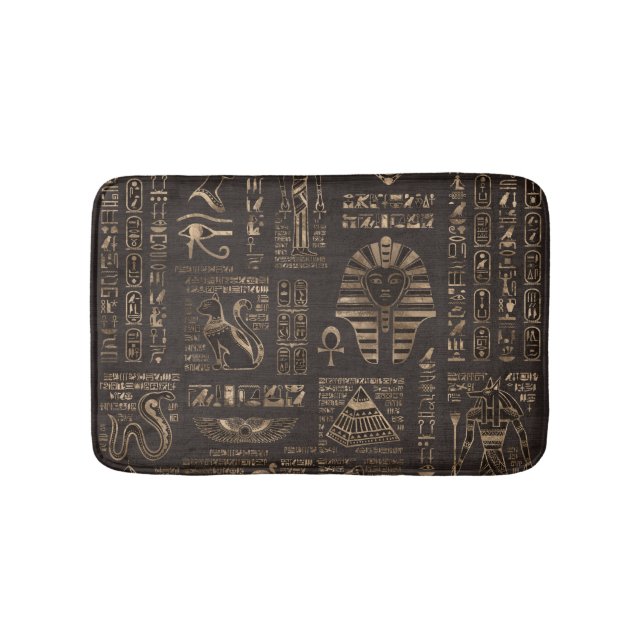 Egyptian hieroglyphs and deities - gold on wood bath mat (Front)
