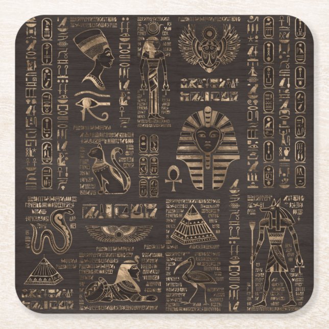 Egyptian hieroglyphs and deities - gold on wood square paper coaster (Front)