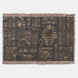 Egyptian hieroglyphs and deities - gold on wood throw blanket