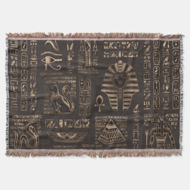 Egyptian hieroglyphs and deities - gold on wood throw blanket (Front)