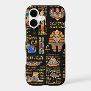 Egyptian hieroglyphs and deities on black
