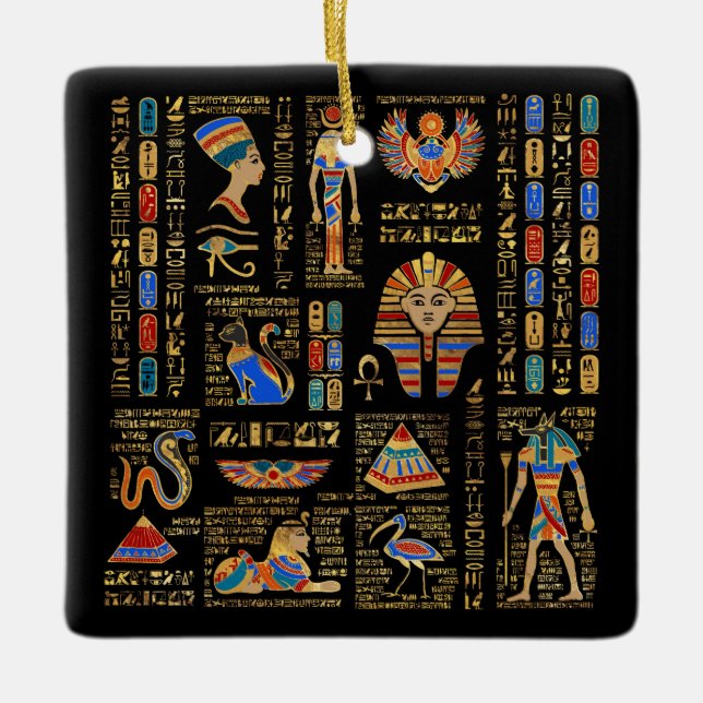 Egyptian hieroglyphs and deities on black ceramic ornament (Front)