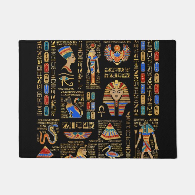 Egyptian hieroglyphs and deities on black doormat (Front)
