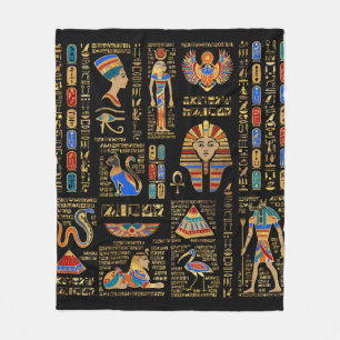 Egyptian hieroglyphs and deities on black fleece blanket