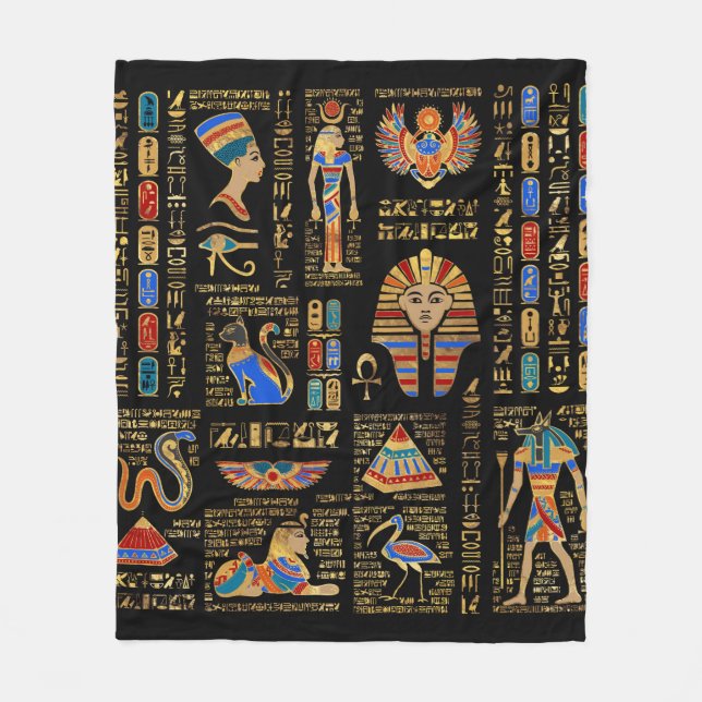 Egyptian hieroglyphs and deities on black fleece blanket (Front)