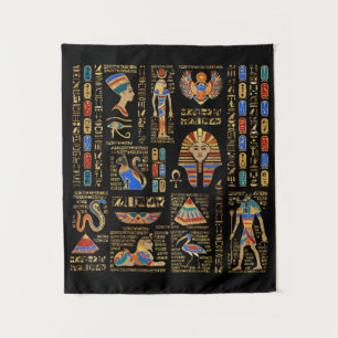 Egyptian hieroglyphs and deities on black tapestry