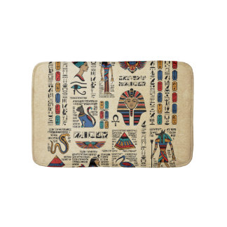 Egyptian hieroglyphs and deities on papyrus bath mat