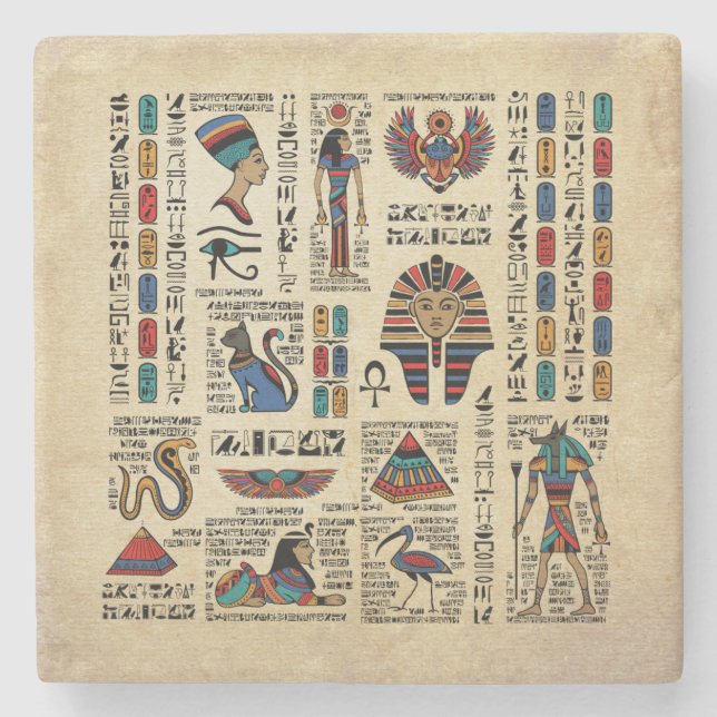 Egyptian hieroglyphs and deities on papyrus stone coaster (Front)