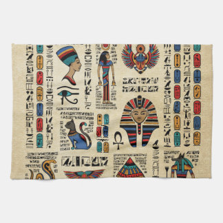 Egyptian hieroglyphs and deities on papyrus tea towel