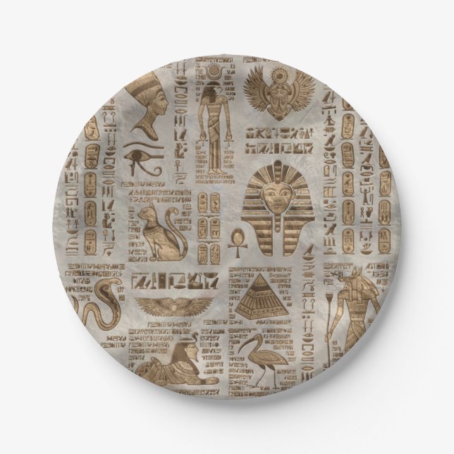 Egyptian hieroglyphs and deities -Vintage Gold Paper Plate (Front)