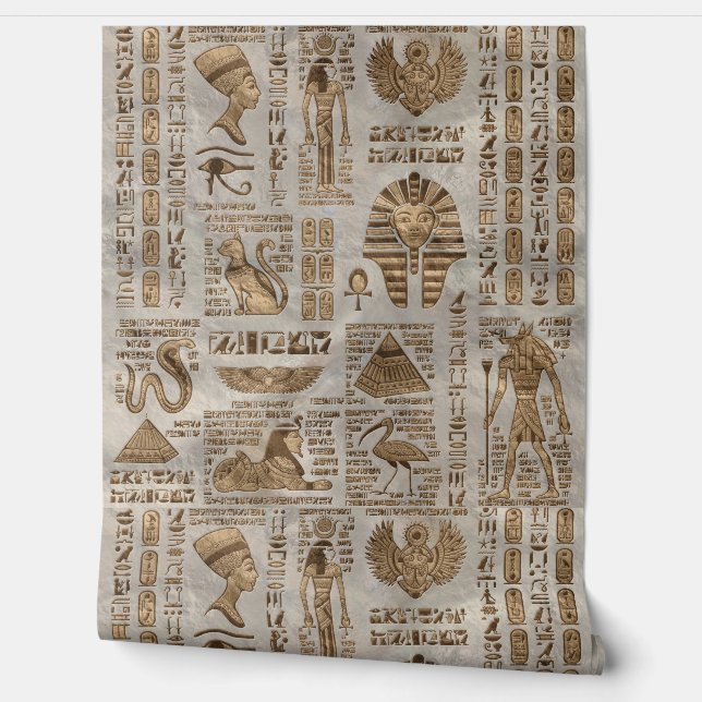 Egyptian hieroglyphs and deities -Vintage Gold Wallpaper (Unrolling)